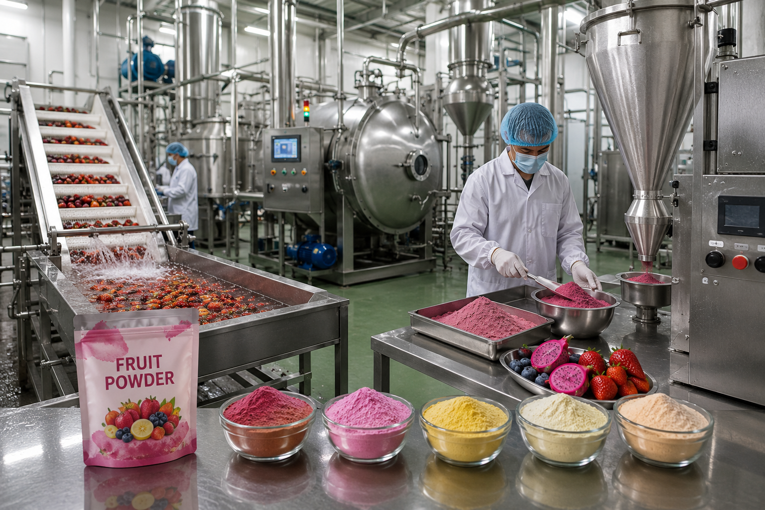 Fruit powder manufacturing process in industrial food facility