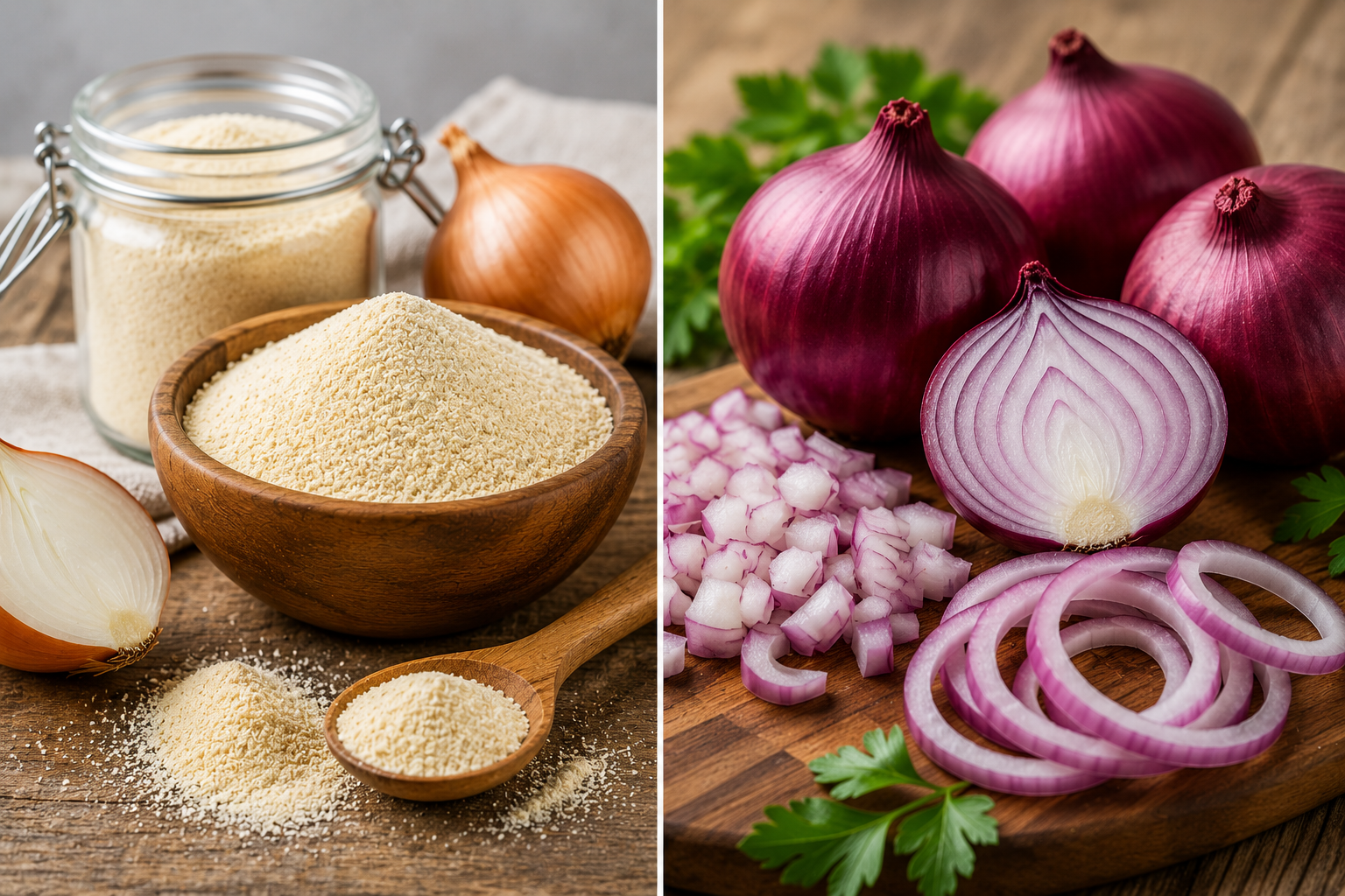 Fresh onions and onion powder comparison for food manufacturing