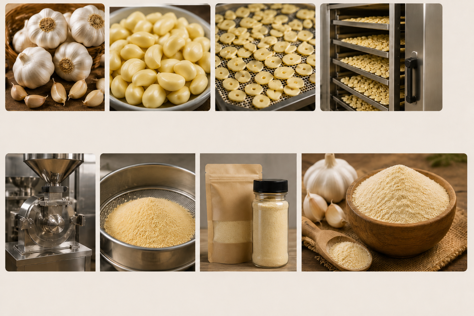 Industrial garlic powder manufacturing and dehydration process
